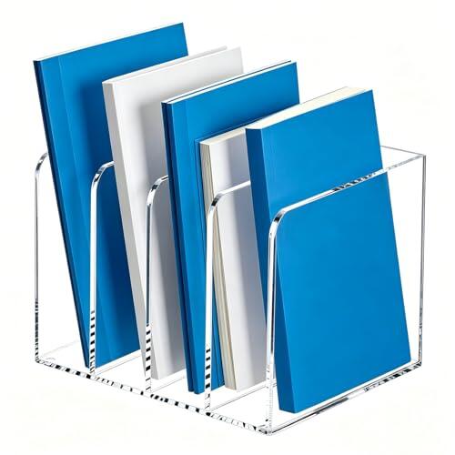 Revistero de acrílico, partición transparente, soporte para libros y organización de oficina y almacenamiento, documentos, libros, tabletas, cartas, organizador antideslizante (4 compartimentos)