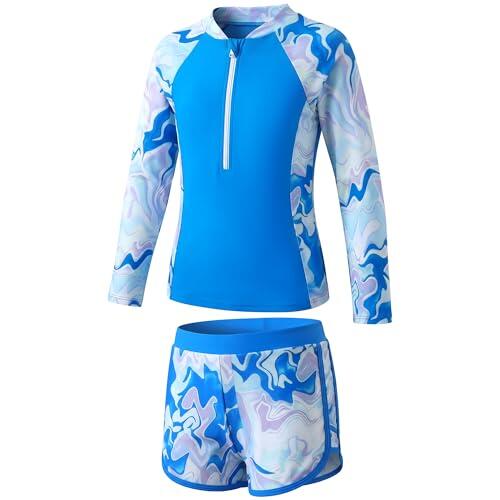 Baogaier Traje de Baño Niña 2 Piezas Manga Larga Protección Solar, Estampado Top con Cremallera y Shorts Secado Rápido, Bañador Suaves Rash Guard Playa Piscina para 9-10 Años, Azul Blanco