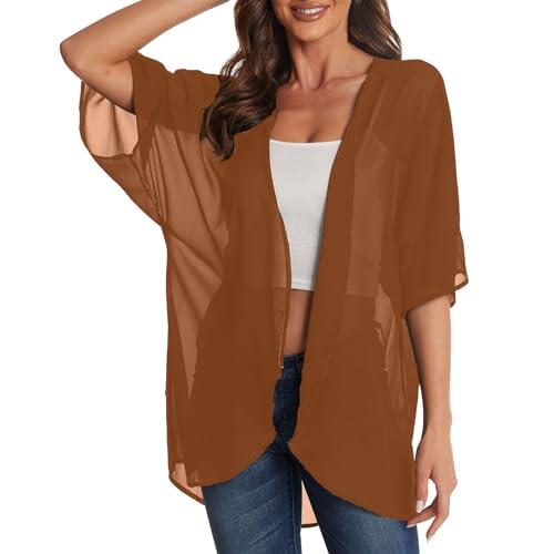 Cárdigan de gasa liso para mujer, holgado, casual, manga corta, parte delantera abierta, blusa ligera para vacaciones de verano, salidas y capas, café, L