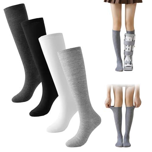 Eniyou 4 Pares Medias Compresion Mujer Elásticos Y Transpirables, Algodón Calcetines Altos Mujer, Calcetines Altos Costura Cómoda Para Uniformes, Deportes, Escuela, Viajes Y Uso Diario