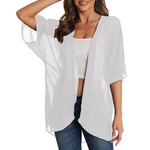 Cárdigan de gasa liso para mujer, holgado, casual, manga corta, parte delantera abierta, blusa ligera para vacaciones de verano, salidas y capas, blanco, L