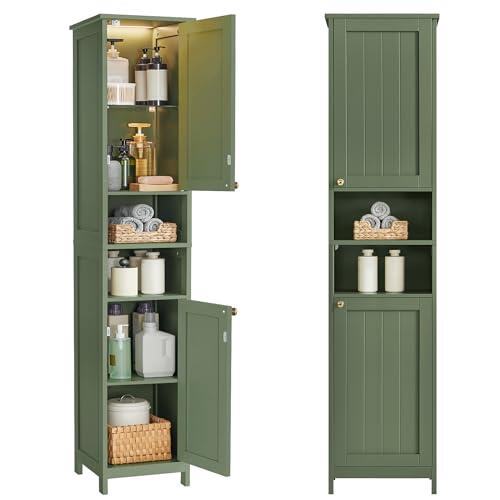 VASAGLE Armario de Baño Alto con Iluminación, Armario de Almacenaje Delgado, con Estantes Ajustables, Compartimentos Abiertos, Ancho 40 cm, para Espacios Pequeños, Moderno, Verde Bosque BBC766CH03