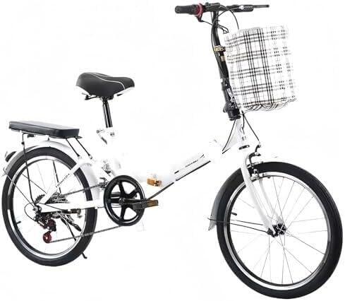 ETUELNOPT Bicicleta Plegable Urbana, Bicicleta Plegable for Adultos, Bolsa Frontal Multicolor con Carga Ajustable de Acero al Carbono 20 Pulgadas, 75kg(White)