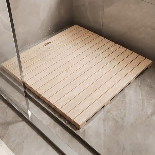 Tapete de ducha de madera maciza de teca, tapete cuadrado para baño antideslizante con agujero de drenaje, tabla cómoda elevada, para caravana/duchas interiores y exteriores o spa