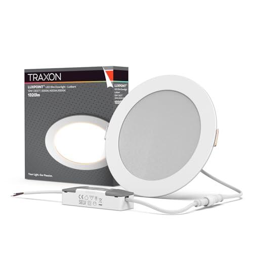 TRAXON LUXPOINT® Downlight LED Empotrable 12W CCT Ajustable – Panel Slim Redondo Ø175mm Corte 150-160mm Techo Interior 120° (Blanco, 12W CCT)