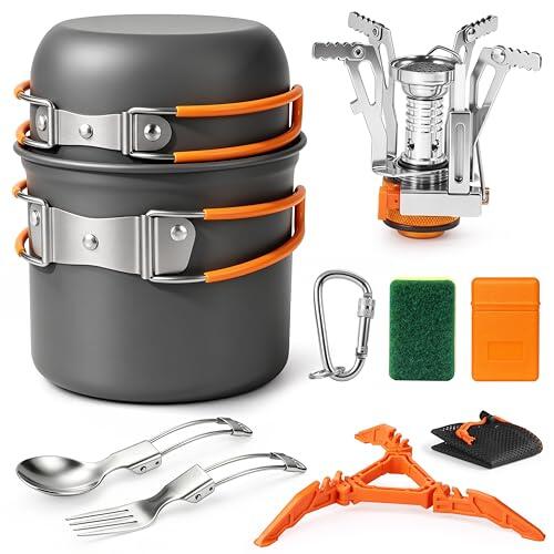 AUTOPkio Kit de Utensilios de Cocina para Camping, Olla y Sartén de Aluminio No Tóxico con Mini Estufa y Cubiertos Plegables, Ligero para 1-2 Personas, Senderismo, Excursión, Escalada y Picnic