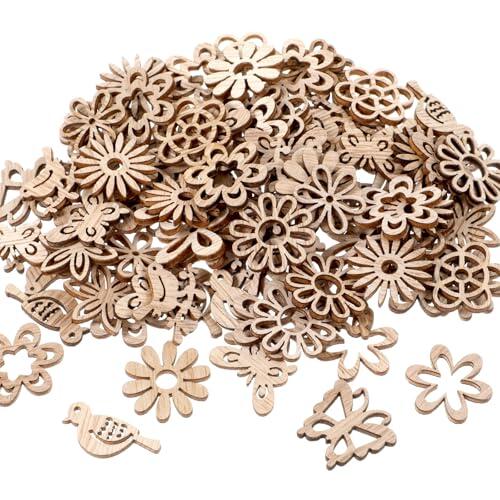 100 piezas de flores de madera sin acabar, rebanadas de madera, hojas, pájaros, flores, mariposas, mini recortes de madera hechos a mano, suministros de decoración, proyectos de arte, piezas de madera