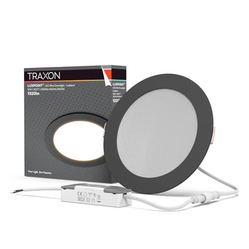 TRAXON LUXPOINT® Downlight LED Empotrable 12W CCT Ajustable – Panel Slim Redondo Ø175mm Corte 150-160mm Techo Interior 120° (Negro, 12W CCT)