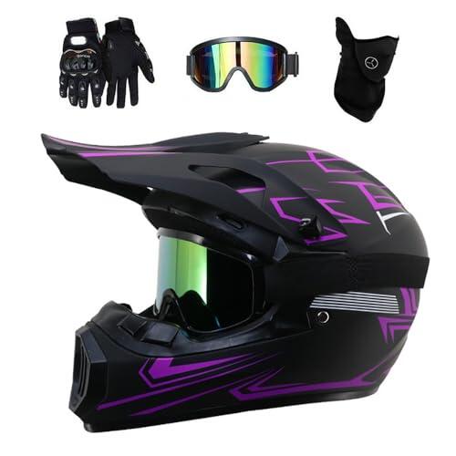 Integral MTB Casco de Motocross, con Gafas Guantes Mascarilla, Juventud Niño Doble Deporte ATV Scooter Moto Casco, Cuesta Abajo Quad Dirt Bike Enduro Chocar Cascos(Black Purple,M/56-57CM)
