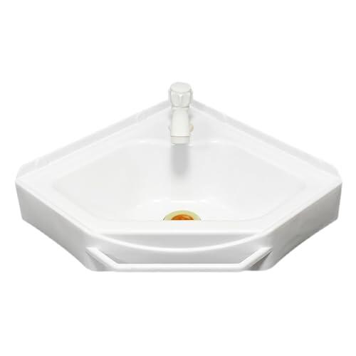 Fregadero esquinero de pared de 38 x 20 x 10 cm, de plástico, color blanco, para invitados, baño, camping, jardín, sótano, construcción, fregadero compacto para lavar a mano