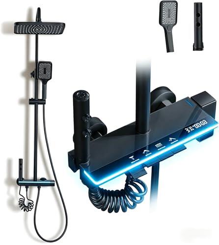 STANEW Columna Ducha de Titanio Con Cabezal Cuadrado,Pantalla LED,Columna de Ducha 4 Modos,Ducha de Mano con 3 Modos,Altura ajustable 70-110CM (Negro)