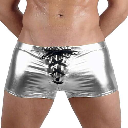 Genérico Bañador Hombre Boxer Deportivo Corto Ajustado Traje de Baño Hombre Elastico Talla Grande Natacion Pantalones Cortos Cordón Playa Bañador Corto para Piscina Surf (Plata, XXL)