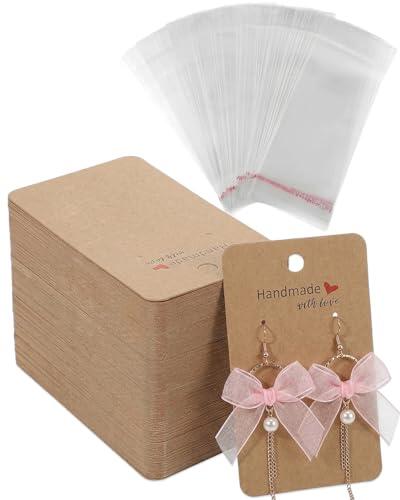 KAHZOR Tarjetas para Pendientes Kraft 50 unidades con Bolsas Autosellantes Transparentes, Embalaje para Presentación Profesional de Joyería Artesanal