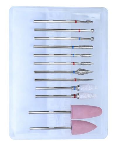 KAHZOR Brocas para Uñas Profesionales 12 Uds., Diamante y Cerámica Larga Duración para Gel y Acrílico, Manicura, Pedicura con Estuche