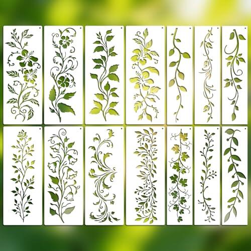 JSRQT 14 Piezas Plantillas Hoja y Vid para Pintar, Plantilla Reutilizables para Pintura Hojas y Flores, Stencil de Dibujo para en Madera Lienzo Tela Suelo Pared Arte de decoración