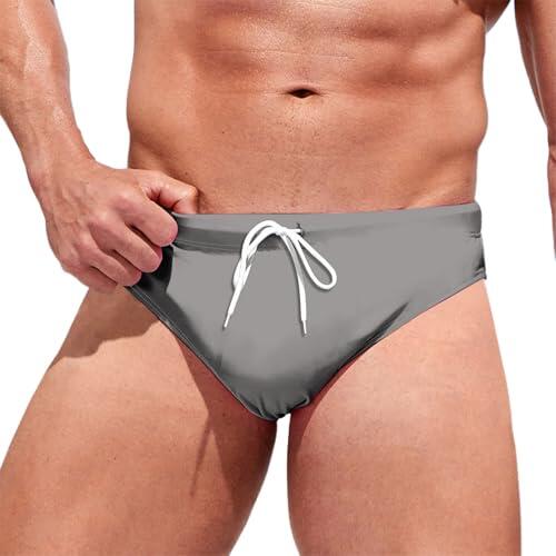 Bañador Hombre Slip Bañador Slip Hombre Surf Sólido Natacion Bañadores Slips con Cordón Deportivo Traje de Baño Briefs para Playa Piscina (Light Gris, L)