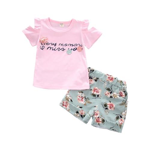 Conjunto de camiseta de manga corta con volantes y estampado de flores para niñas, conjunto de pantalones cortos holgados de verano, casual, transpirable, para niños, ropa cómoda, rosa, 3-4 años