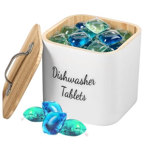 BAODBF Caja de almacenamiento para lavavajillas de madera, con tapa y asa, gran capacidad, 15 x 15 x 13,6 cm, para pastillas de lavavajillas, sal, detergente en polvo, versátil para cocina, baño