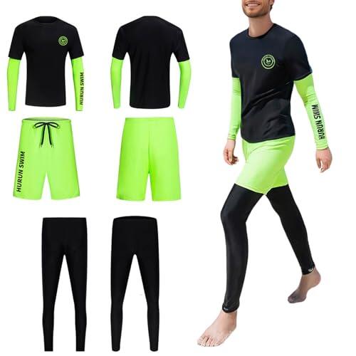 Traje de Baño Hombre Natacion 3 Piezas Ajustado Conjunto Bañador y Camisa Hombre Tres Piezas Talla Grande Playa Beachwear Manga Larga Piscina Ropa de Baño para Deportivo Surf (Negro, L)
