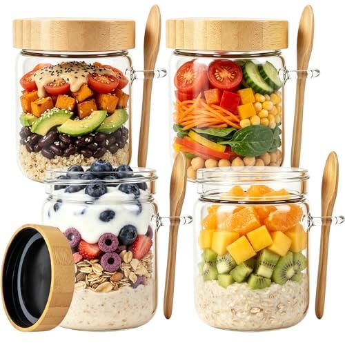 mobumeia 4 Overnight Oats Jar, 500ml Tarros de Cristal con Tapa Hermético Tapa y Cuchara, Vaso Yogur, Recipiente Muesli Meal Prep, Desayuno para Llevar, Chía, Fruta