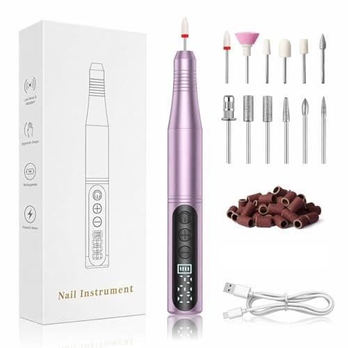 Torno para Uñas Profesional 35000RPM Lima Eléctrica Uñas Recargable con Kit de Manicura y Pedicura para Quitar Cutículas y Pulir Uñas de Gel Acrílicas, Portátil para Salón y Hogar Púrpura