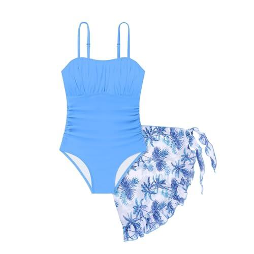 Huihong Bañadores De Natación Niña Vientre 7-16 Years Traje De Baño para Natacion Niña Playa Deportivo Piscina Volantes Floral Adolescente Chica Tankini Bikini (Blue, 15-16 Years)
