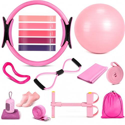 BRGD 16 Piezas Pilates Essential Kit, Set Hogar Gimnasio Incluye Pelota de Yoga, Aro de Yoga, Aro de Pilates de 25cm y Accesorios para Estiramientos