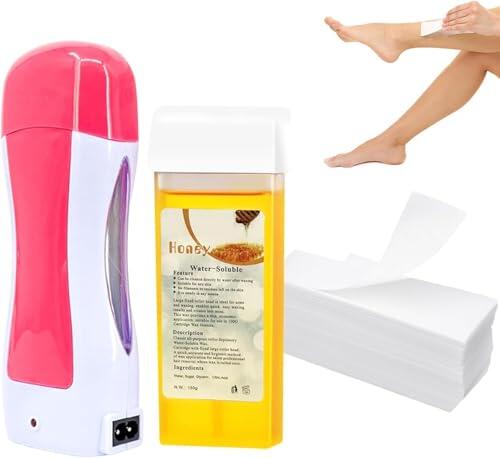 Roll on Wax Kit de depilación, juego de depilación con 50 tiras de fieltro para cera, cartuchos de cera de 150 ml, rodillo de cera enrollable, rodillo de cera para depilación corporal completa