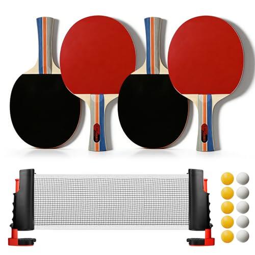 Juego de tenis de mesa, 4 raquetas, 1 red retráctil, 10 pelotas de ping pong y 1 bolsa de transporte, juego de raquetas de ping pong para interior y exterior, ideal para ocio, familia y entrenamiento