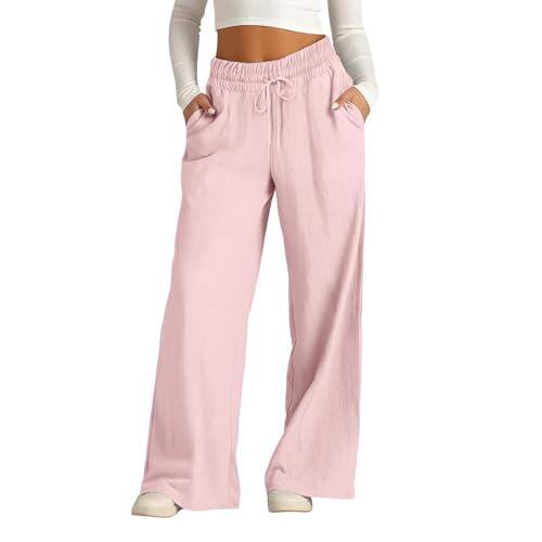 Pantalones de Lino Mujer,Pantalones Anchos Mujer Primavera Verano Cintura Elástica con Bolsillos y Cordón Pantalon Chandal de Pierna Ancha Rectos Cómodo Transpirable Pantalón Largo de Playa