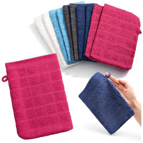 com-four® 10 Manoplas de baño 100% algodón 15 x 21 cm – paños Suaves y absorbentes – Accesorios para baño, Ducha, Rostro y Cuidado Corporal (10 Piezas - Azul/Gris/Rojo/Turquesa/Blanco)