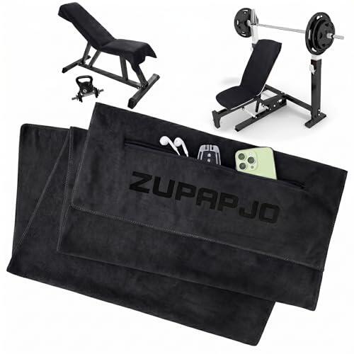 ZUPAPJO Toalla Gimnasio 120 x 50 cm, Negro Toalla Gym con Bolsillo con Cremallera y Capucha, Gym Towel de Microfibra, Apta para Gimnasio, Yoga, Deportes, Entrenamiento