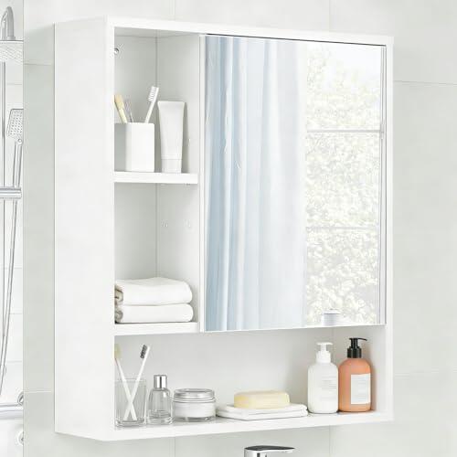 Lifezeal - Armario de pared para cuarto de baño con espejo, armario de almacenamiento de baño con estante ajustable y extraíble, compartimento abierto, puerta de espejo, para sala de estar, entrada