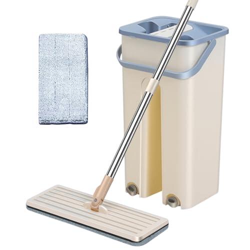 Juego De Fregona Plana, Limpiador Exprimible Y Cubo De Limpieza Eficiente | Juego De Fregona Cubo con Escurridor, Limpiezas Cómoda, Kit De Limpieza para Pisos Planos Sin Tocar, Uso En Seco Y Húmedo