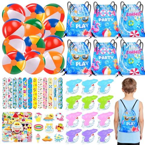 Fantspati Detalles de Fiesta de Piscina, 108 Piezas Accesorios de Fiesta de Verano para Niños, Pelotas de Playa, Bolsas con Cordón, Pegatinas, Suministros para Fiesta de Cumpleaños Hawaiana
