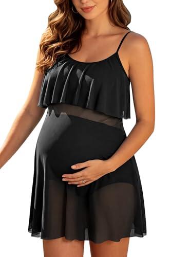 SHEKINI Traje de baño de maternidad de dos piezas para mujer – Conjunto de tankini de cintura alta con paneles de malla, Negro , M