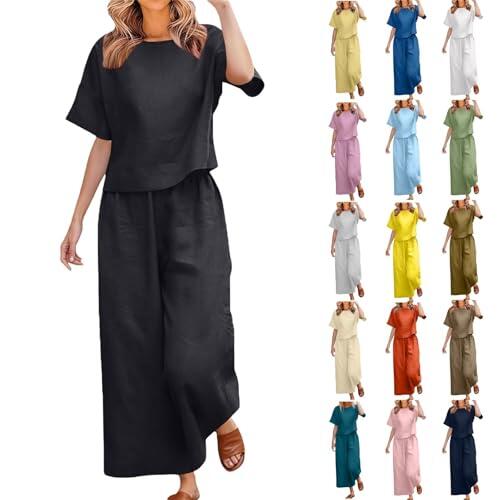 Traje de lino de dos piezas para mujer, traje informal de verano, monocolor, algodón, lino, elegante, muselina, cuello redondo, camiseta y pantalón, 2 piezas, ligero y aireado, ropa de salón, playa