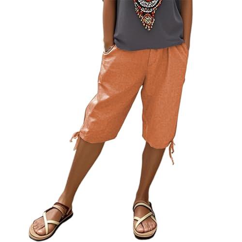 Pantalones de lino para mujer, de verano, 3/4, hasta la rodilla, cintura elástica, pantalones capri, pantalones de verano, ligeros, holgados, pantalones capri con bolsillos, #011, M