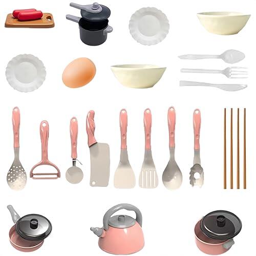28PCS Mini Accesorios de Cocina,Accesorios de Juego de Juguetes de Cocina,Accesorios de Utensilios de Cocina en Miniatura para cocinar ollas y sartenes