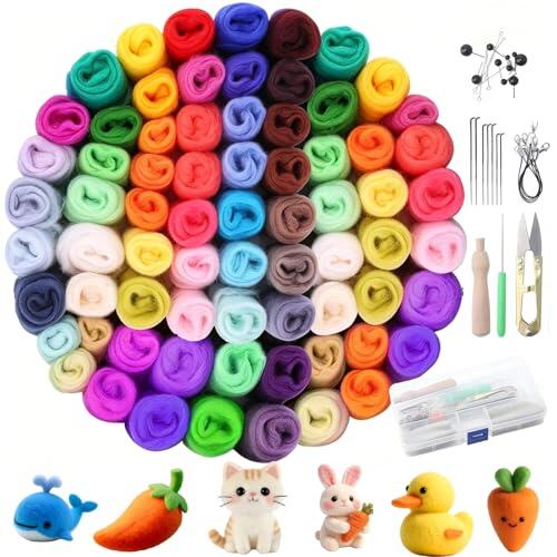 Juego de Lana de Fieltro De 72 Colores Para Manualidades, Kit Afieltrado Principiantes Con 3 Tamaños Agujas Fieltro, Mango Madera Reforzado Anti-Afloje y Caja Plástica, Lana Merino Para Remendar