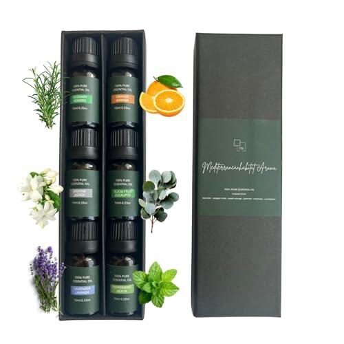 Aceites esenciales para difusor 100% puros, kit 6 x 10 ml – lavanda, eucalipto, romero, jazmín, menta y naranja – set de aceites esenciales para aromaterapia y Piedras Volcánicas
