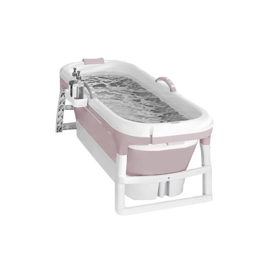 Bañera plegable para adultos, baño polar al aire libre, 118 x 60 x 53 cm, portátil, plegable, con tapa y rodillos de masaje, cesta de jabón, para baño y ducha (rosa)