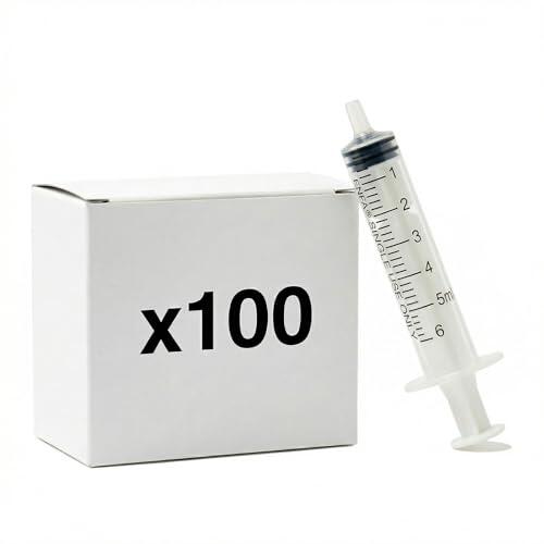 KMINA Jeringuillas 5 ml Sin Aguja (100 unidades), Jeringas de 3 Piezas con Cono Luer Concéntrico, Estériles y Sin Látex