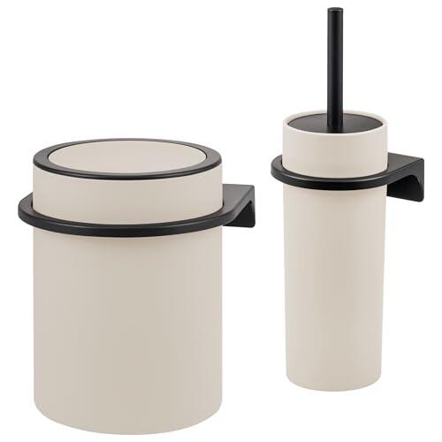 bremermann Savona - Juego de 2 piezas para baño (superficie de goma suave al tacto, incluye soporte de pared para pegar o taladrar, cubo cosmético moderno de 5,5 litros y escobilla de plástico (beige)
