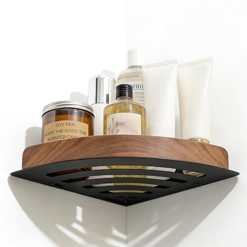 Estante de ducha sin taladrar, estante de esquina de madera de nogal para baño, autoadhesivo, organizador para ducha con diseño de ventilación, capacidad de carga de hasta 20 kg