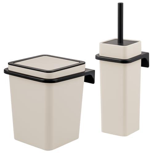 bremermann Savona - Juego de 2 piezas para baño (superficie de goma suave al tacto, incluye soporte de pared para pegar o taladrar, cubo cosmético moderno de 6 litros y escobilla de plástico (beige)