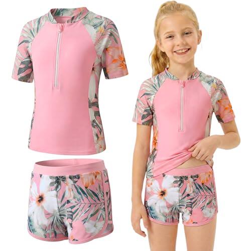 Baogaier Niñas Traje de Baño 2 Piezas Manga Corta Protección Solar, Secado Rápido Estampado Top con Cremallera y Shorts, Elástico Rash Guard Playa Piscina Bañador Ropa para 11-12 Años, Rosa