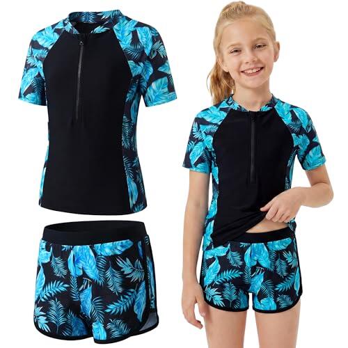 Baogaier Niñas Traje de Baño 2 Piezas Manga Corta Protección Solar, Secado Rápido Estampado Top con Cremallera y Shorts, Elástico Rash Guard Playa Piscina Bañador Ropa para 11-12 Años, Negro