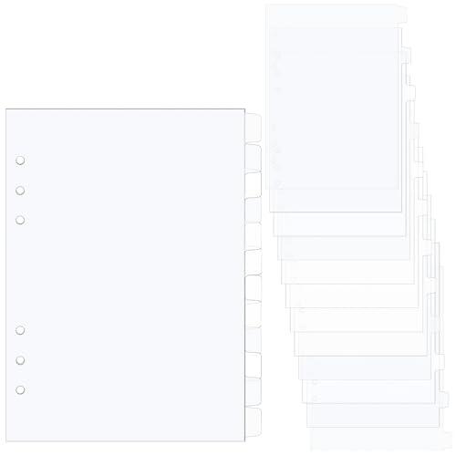 1 juego de 12 hojas divisoras A5, 6 agujeros de plástico esmerilado transparente con pestañas, lado en blanco, 12 pestañas para planificador, protectores de página recargables para cuaderno de 6