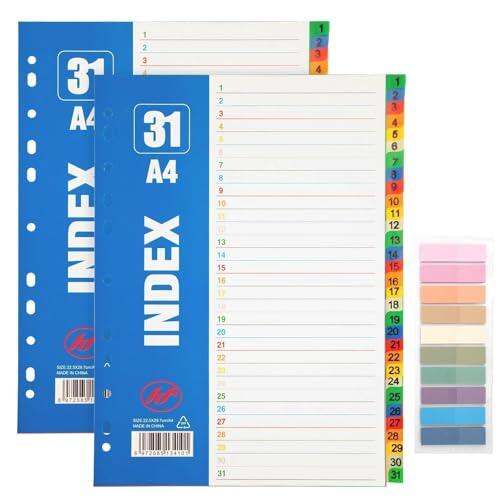 Tuxvealu Lot de 2 Divisores de Archivos A4, Separadores Archivador A4, Número 1-31, Multicolor Separador Archivador con 11 Agujeros, Registros para carpetas, Ideales para Hogar, Oficina y Escuela